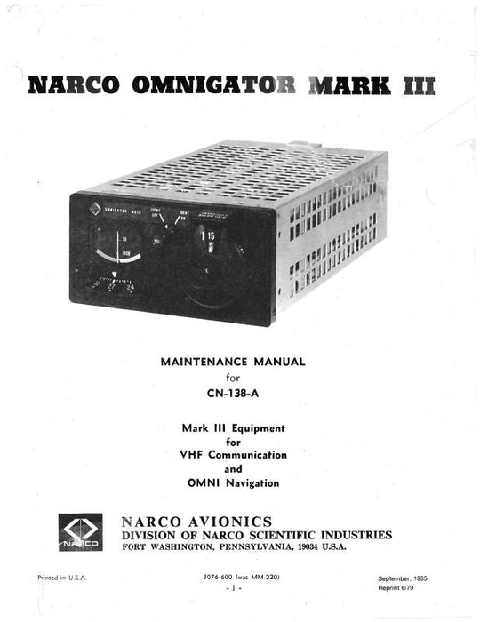 Narco Mark III Omnigator 1965 Maintenance Manual (3076-600)