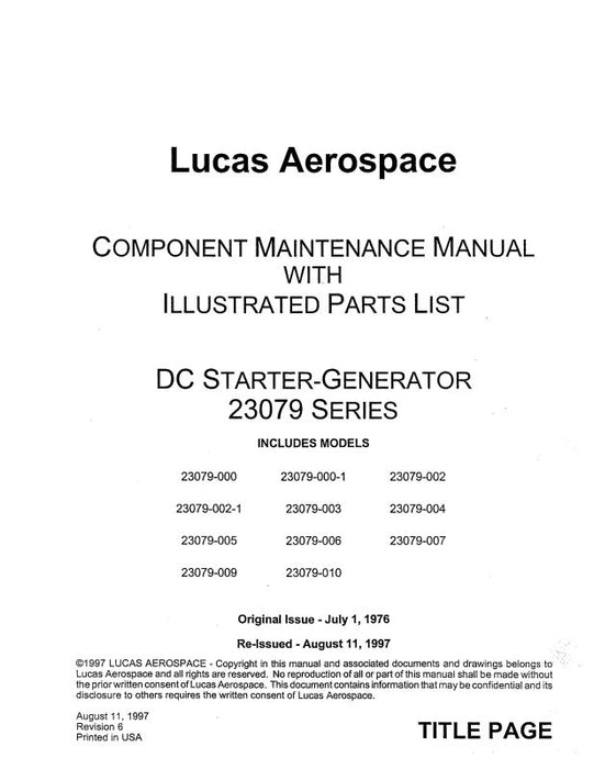 Lucas Aerospace 23079 Series 1976 Component Maintenance Manual w-Illustrated Parts (SC23079005-76-M)