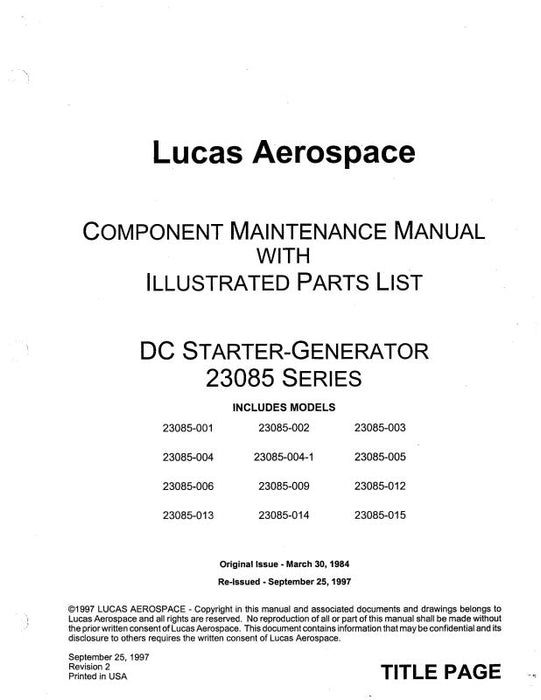 Lucas Aerospace 23085 Series 1997 Component Maintenance. w-Illustrated Parts List (LC23085001-97-M)