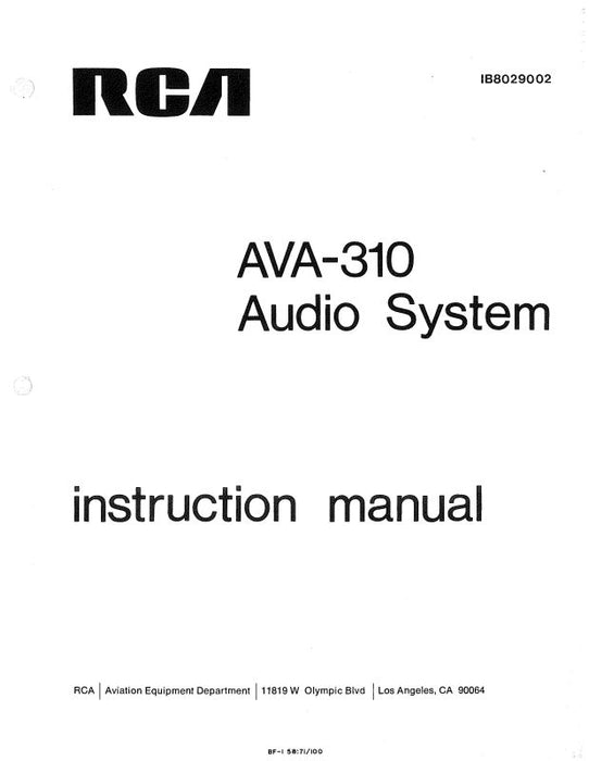 RCA - Primus - Honeywell - Sperry AVA-310 Audio System Instruction Manual (IB8029002)
