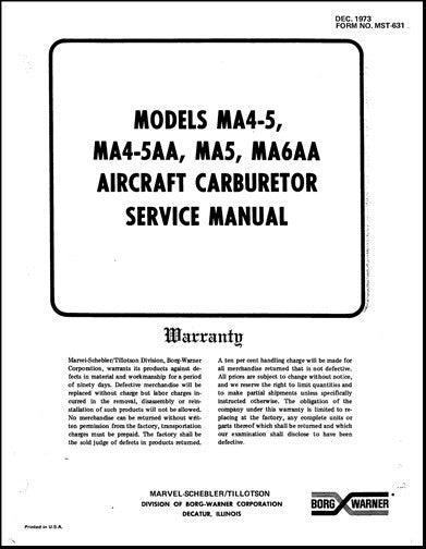 Marvel-Schebler MA4-5,MA4-5AA,MA5,MA6AA 1973 Maintenance Manual (MST-631)