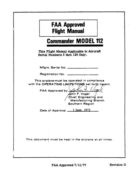Aero Commander 112 Commander 1972-73 Flight Manual (AC112-72-73-FC)