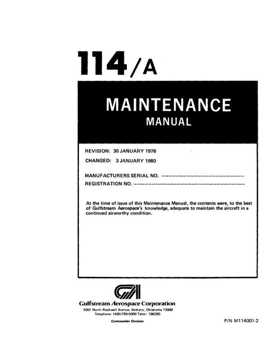 Aero Commander 114-A 1976 Maintenance Manual (M114001-2)