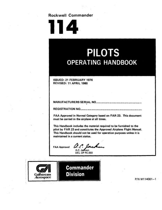 Aero Commander 114 1976-78 Pilot's Operating Handbook (M114001-1)