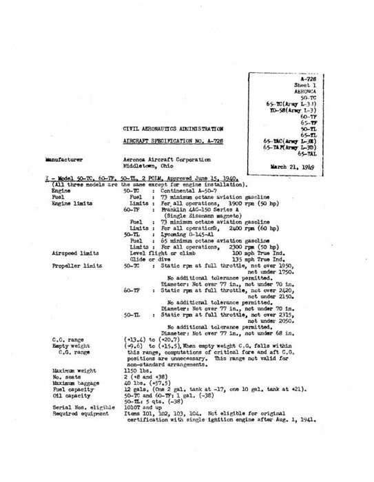 Aeronca Aircraft Specification No. A-728 Aircraft Specification (AE50TC-SP-C)