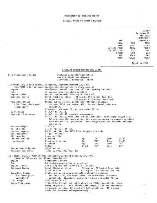 Aeronca Aircraft Specification No. A-759 Aircraft Specification (AE7AC,S-SP-C)