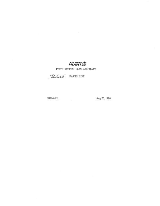Aviat Aircraft Inc Pitts Special S-2S 1984 Parts List (ATS2S-84-P-C)