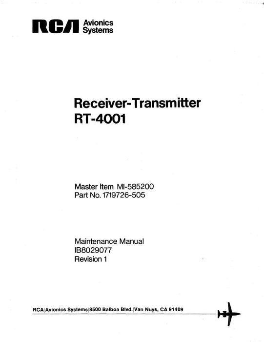RCA - Primus - Honeywell - Sperry RT-4001 Receiver-Transmitter 1978 Maintenance Manual (IB8029077)