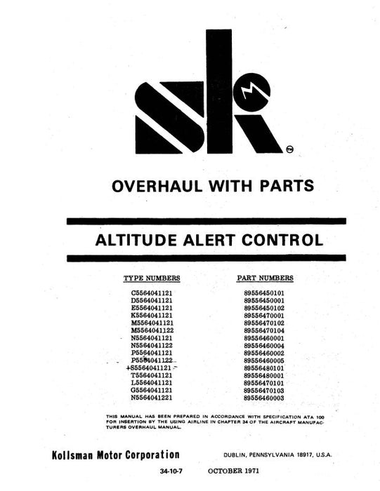 Kollsman Instruments Altitude Alert Control Overhaul Manual With Parts 1972 (24-10-7)