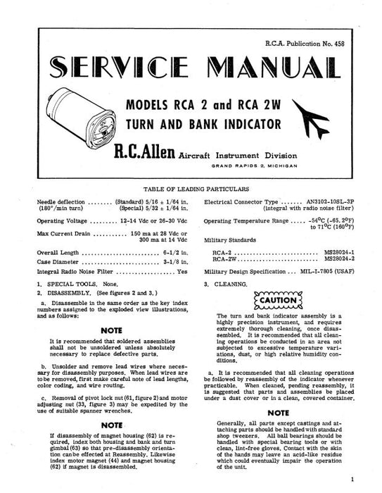 RCA 2,2W Turn & Bank Indicator Service Manual (458)