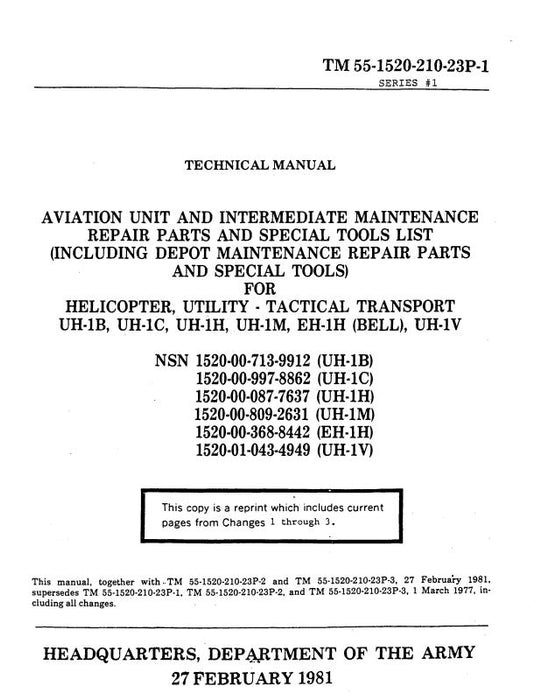Bell Helicopter Army UH-1B,1C,1H,1M,EH-1H,UH-1V Repair Parts & Tool List 1981 (55-1520-210-23P-1, -2,-3)
