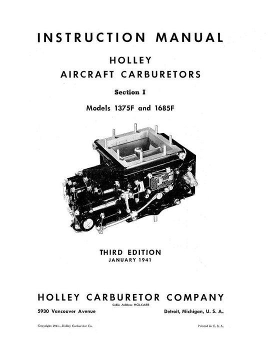 Holley Carburetor Company 1375F, 1685F Aircraft Carburetors Instructions 1941 (HO1375F,1685F-IN-C)