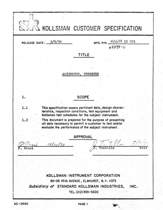 Kollsman Altimeter, Pressure Specifications 1970 (AC-0660)