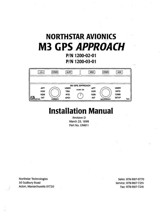 Northstar Avionics Northstar M3 GPS Approach Installation Manual (GM611)