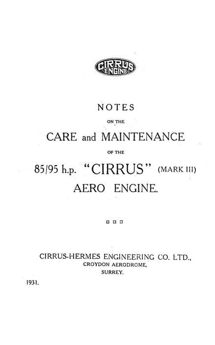 Cirrus Engine Mark III Care & Maintenance 1931 (CICIRRUSMARKIII-M-C)