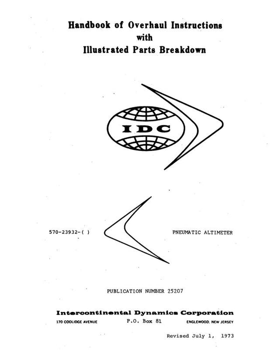 Intercontinental Dynamics Corp Pneumatic Altimeter Overhaul Manual With Illustrated Parts 1973 (25207)