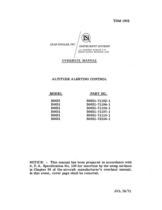 Lear Seigler Altitude Alerting Control Overhaul Manual B0651 1971 (TDM 1902)