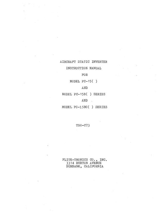 Flite-Tronics, Inc. PC-15, PC-15B, PC-15BC Static Inverter Instruction Manual 1966 (TSO C73)