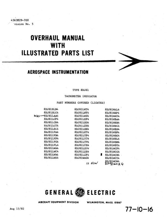 General Electric Company Tachometer Indicator Overhaul Instructions With Illustrated Parts 1982 (4563K29-700)