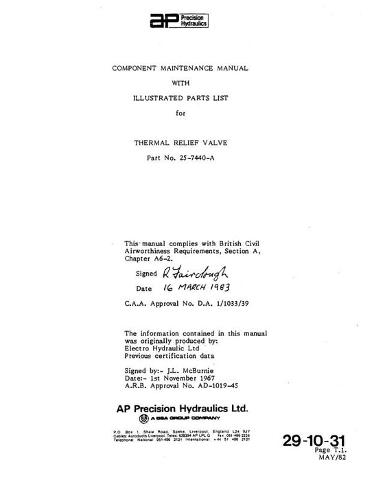 AP Precision Hydraulics Thermal Relief Valve Maintenance With Parts 1982 (29-10-31)