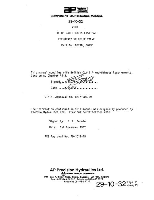 AP Precision Hydraulics Emergency Selector Valve Maintenance With Parts 1993 (29-10-32)