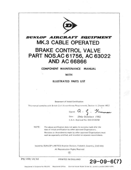 Dunlap Mk3 Cable Operated Brake Control Valve Maintenance Manual With Parts 1982 (29-09-6(7))