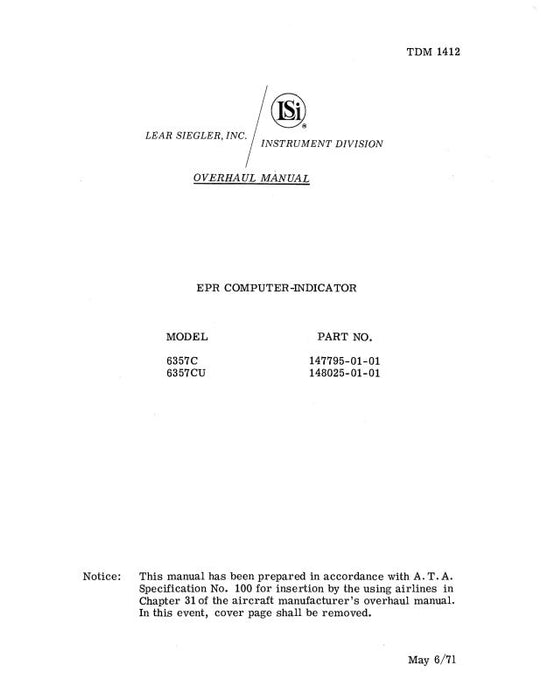 Lear Seigler EPR Computer-Indicator Overhaul Manual 1971 (TDM 1412)