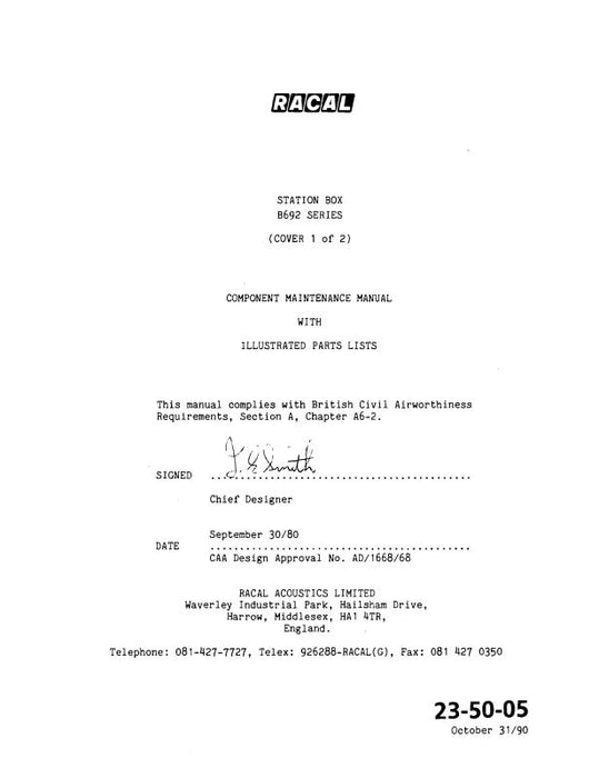 Racal Audio Amplifier A693 Series Component Maintenance Manual with Parts 1986 (23-50-22)