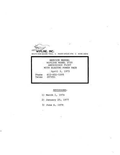 Wipline Model 3730 Amphibious Float With Electro Power Pack Service Manual 1973 (WI3730PWPK-S-C) (WI3730PWPK-M-C)