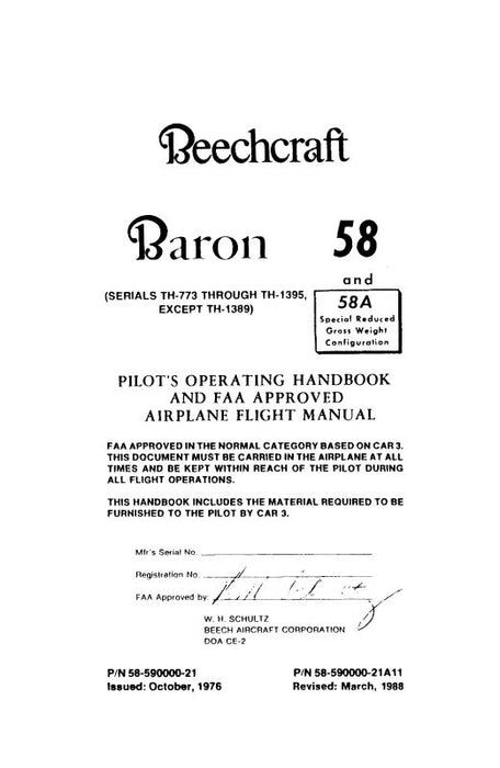Beech 58, 58A Baron Pilot's Operating Handbook (58-590000-21)