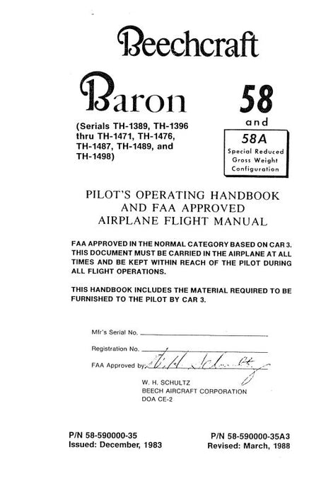 Beech 58, 58A Baron Pilot's Operating Handbook (58-590000-35)