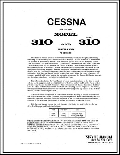 Cessna 310 & Turbo 310 1969-74 Maintenance Manual