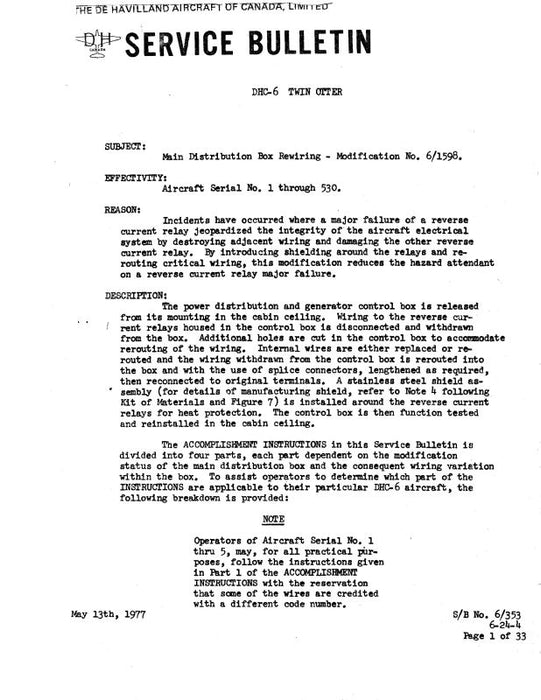 DeHavilland DHC-6 Twin Otter 1977 Service Bulletin (DEDHC6-77-SLB-C)