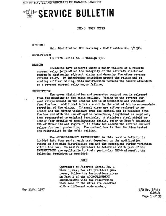 DeHavilland DHC-6 Twin Otter 1977 Service Bulletin (DEDHC6-77-SLB-C)