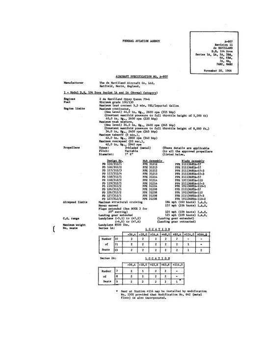 DeHavilland Dove D.H. 104 Series 1966 Aircraft Specification (A-807)