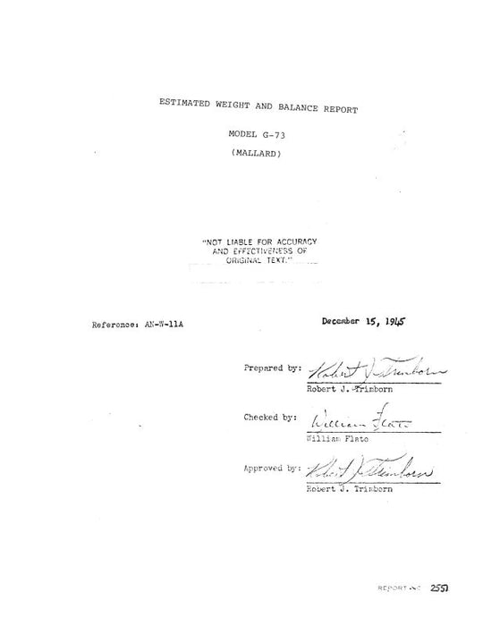 Grumman G-73 Mallard 1945 Estimated Weight & Balance Report (AN-W-11A)