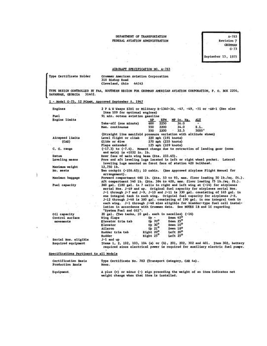 Grumman G-73 Series, Spec.# A-783 Aircraft Specification (GRG73-75-SPEC-C)