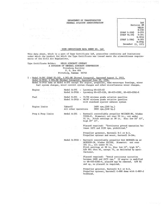 Helio Aircraft Corporation H-250 1973 Revision 20 Aircraft Specification (SPEC.-NO.-1A8)