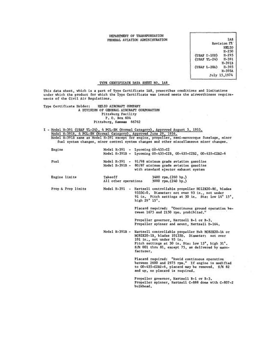 Helio Aircraft Corporation H-250 1974 Revision 21 Aircraft Specification (HEH250-74-SP-C)