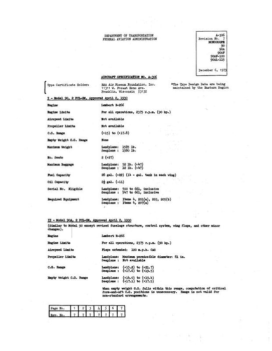 Monocoupe 90,A,AF,90AF-100,90AL-115 1966 Aircraft Specification (SPEC.-NO.-A-306)