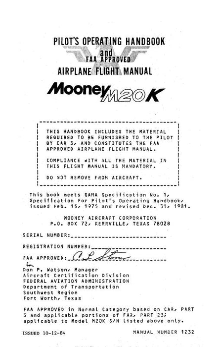 Mooney  M20K 231 Pilot's Operating Handbook 1985 (1232)
