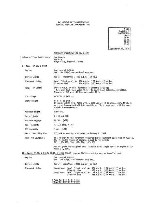 Porterfield CP-55,65,LP-65,FP-65,CS-65 Aircraft Specification (SPEC.-NO.-A-720)