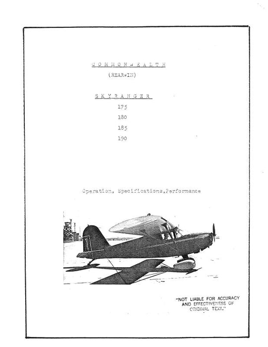 Rearwin Skyranger 175,180,185,190 Operation & Aircraft Specifications Data with Performance (RW175-OP-C)