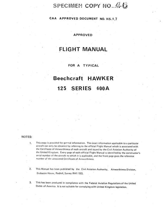 DeHavilland Beechcraft Hawker 125 SER 600A Flight Manual (DEHS125600A-F-C)