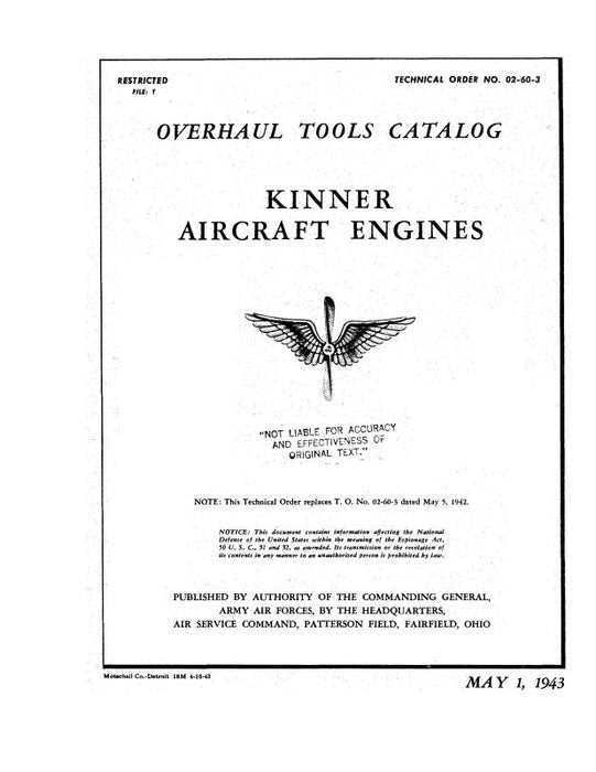 Kinner R-440-1, -3, R-540-1, -3 1943 Overhaul Tools Catalog (02-60-3)