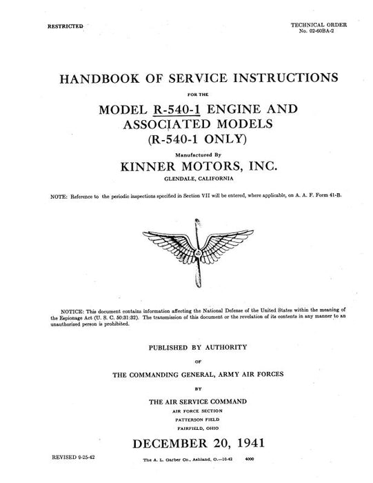 Kinner R-540-1Engine 1941 Handbook of Maintenance Instructions Manual (02-60BA-2)