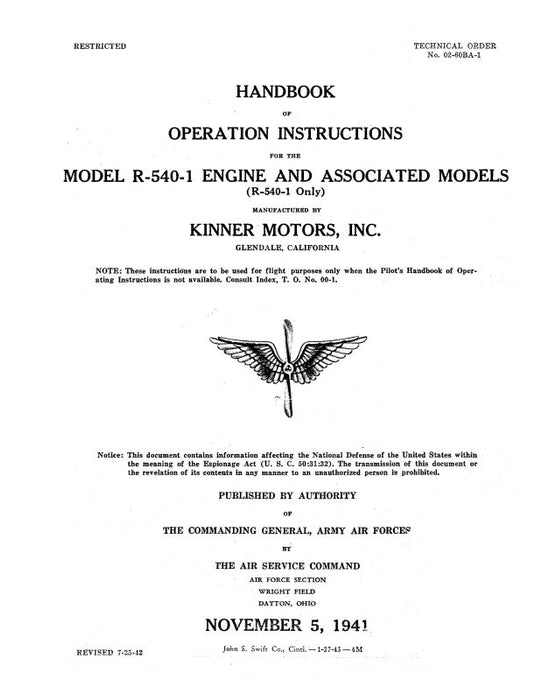 Kinner R-540-1Engine 1942 Handbook of Operation Instructions Manual (02-60BA-1)