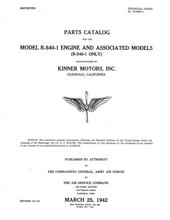 Kinner R-540-1Engine 1942 Parts Catalog (02-60BA-4)