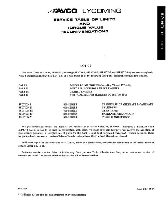 Lycoming VO, IVO-360 Table of Limits Table of Limits and Torque value Recommendations (SSP1776)