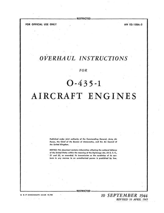 Lycoming O-435-1 1944 Overhaul Instructions (02-15BA-3)